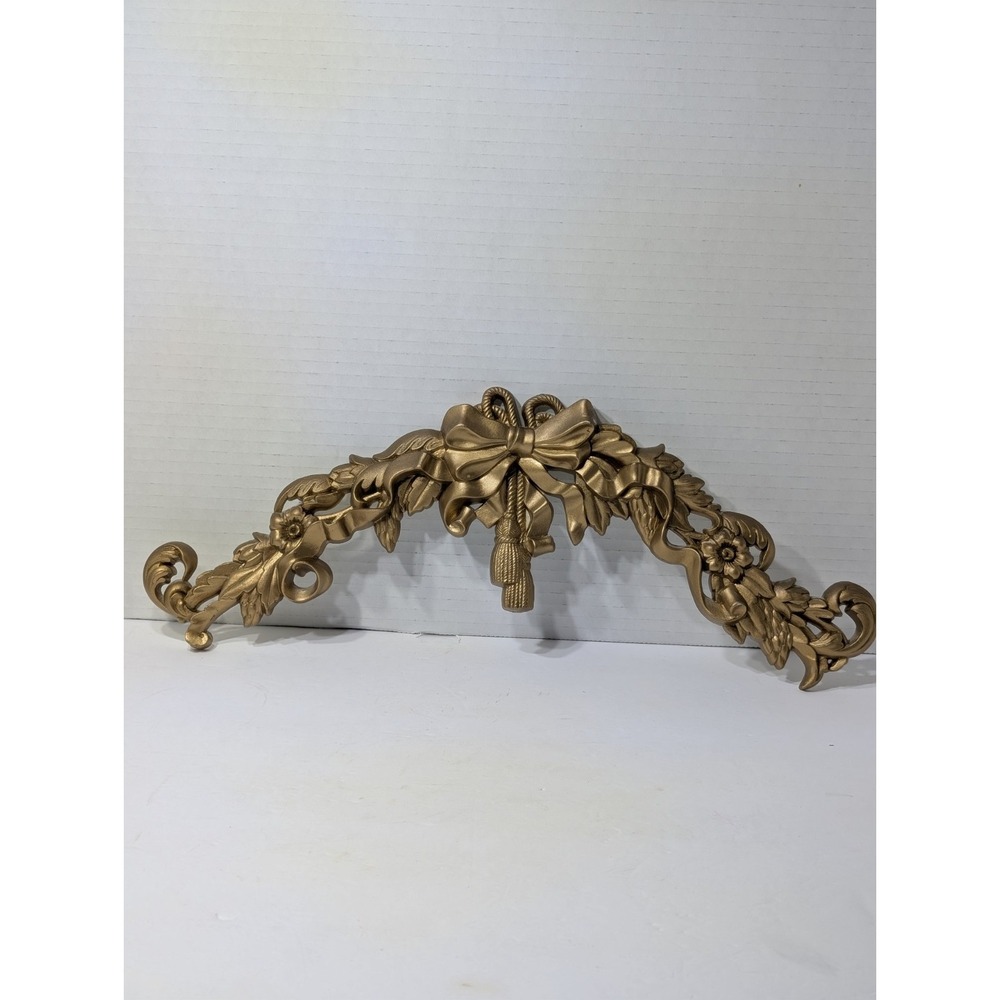 Vintage gold scroll bow wall picture topper Burwood Pediment 15" floral toile